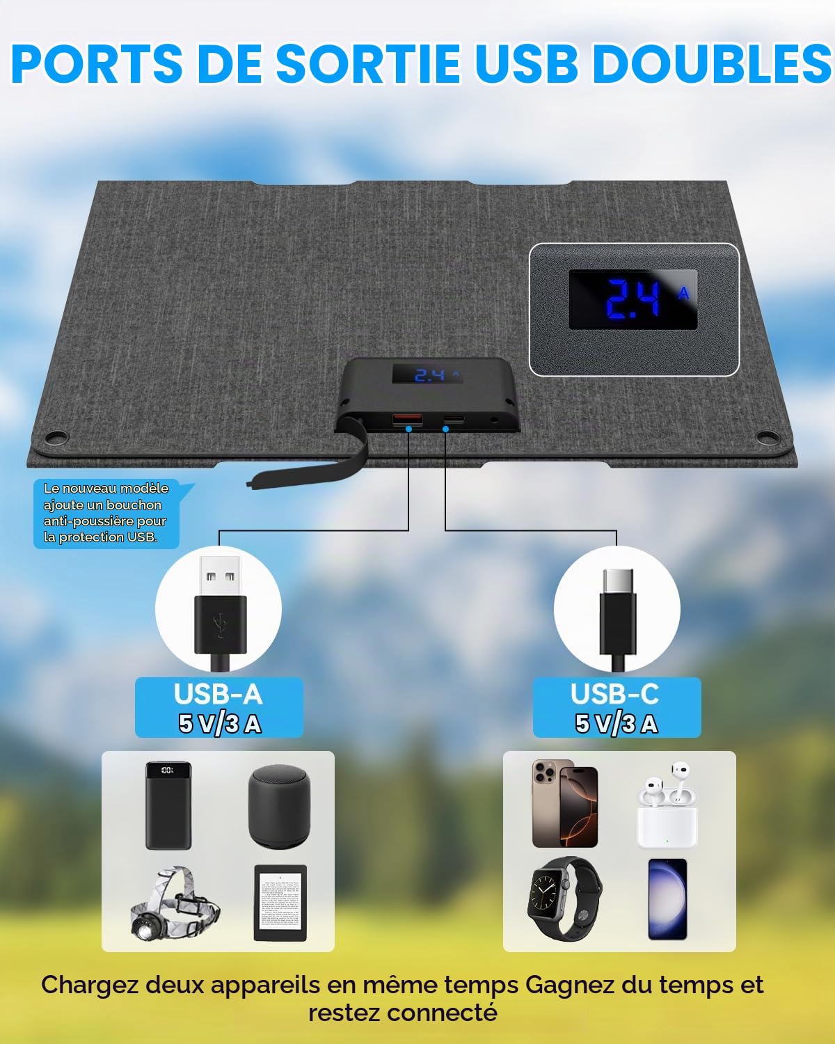 Ecosonique Panneau Solaire Portable 30W Chargeur Solaire Pliable avec USB C USB A Charge Rapide Étanche pour Camping Randonnée Compatible avec Téléphone Portable, iPhone, iPad, Samsung Galaxy, LG,