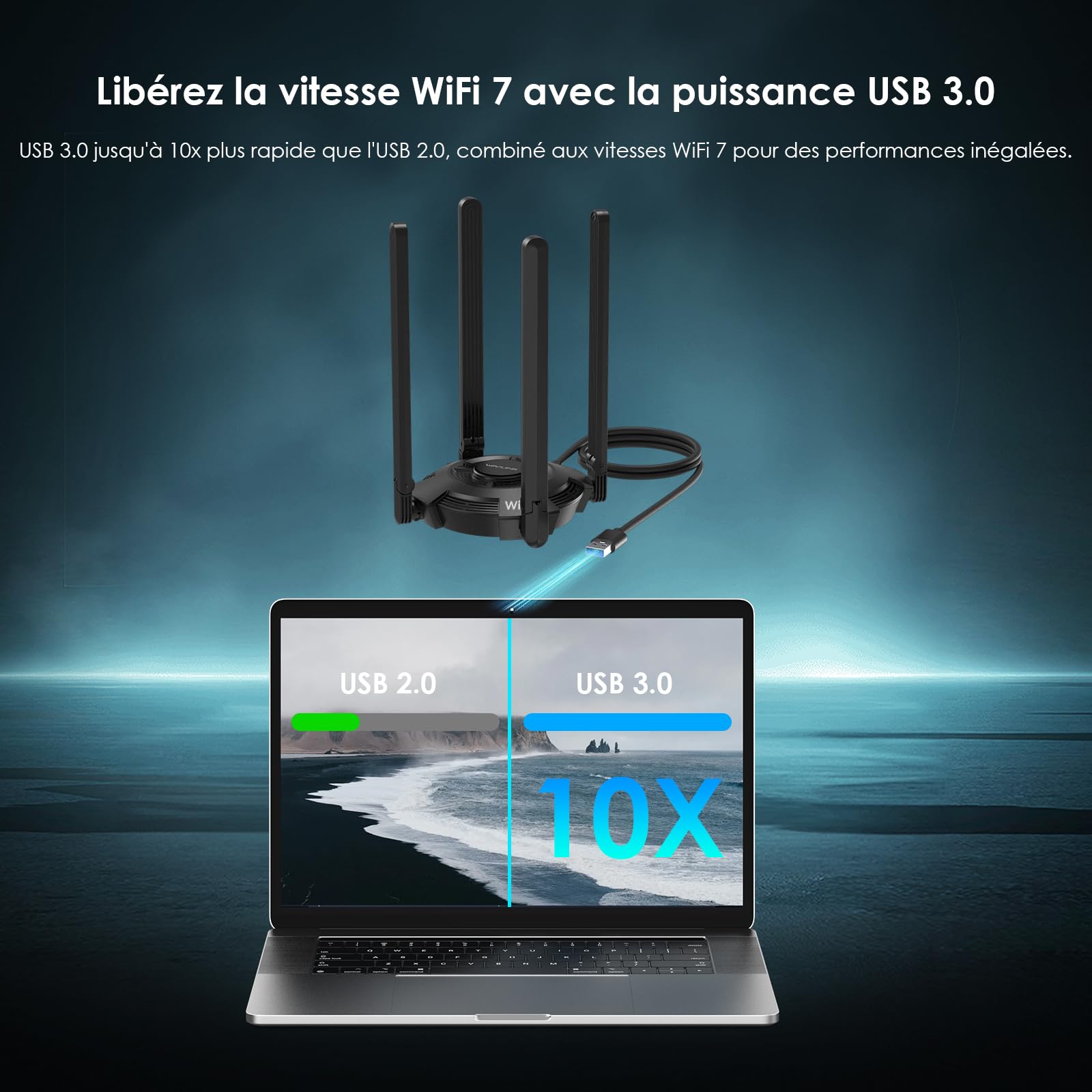 WAVLINK WiFi 7 USB WiFi Dongle pour PC, Adaptateur USB WiFi Tri-Bande BE6500 avec Pilote Intégré, WPA3, MLO & Multi-RU, Antennes Haut Gain 5dBi, Compatible Windows 11/10 Uniquement