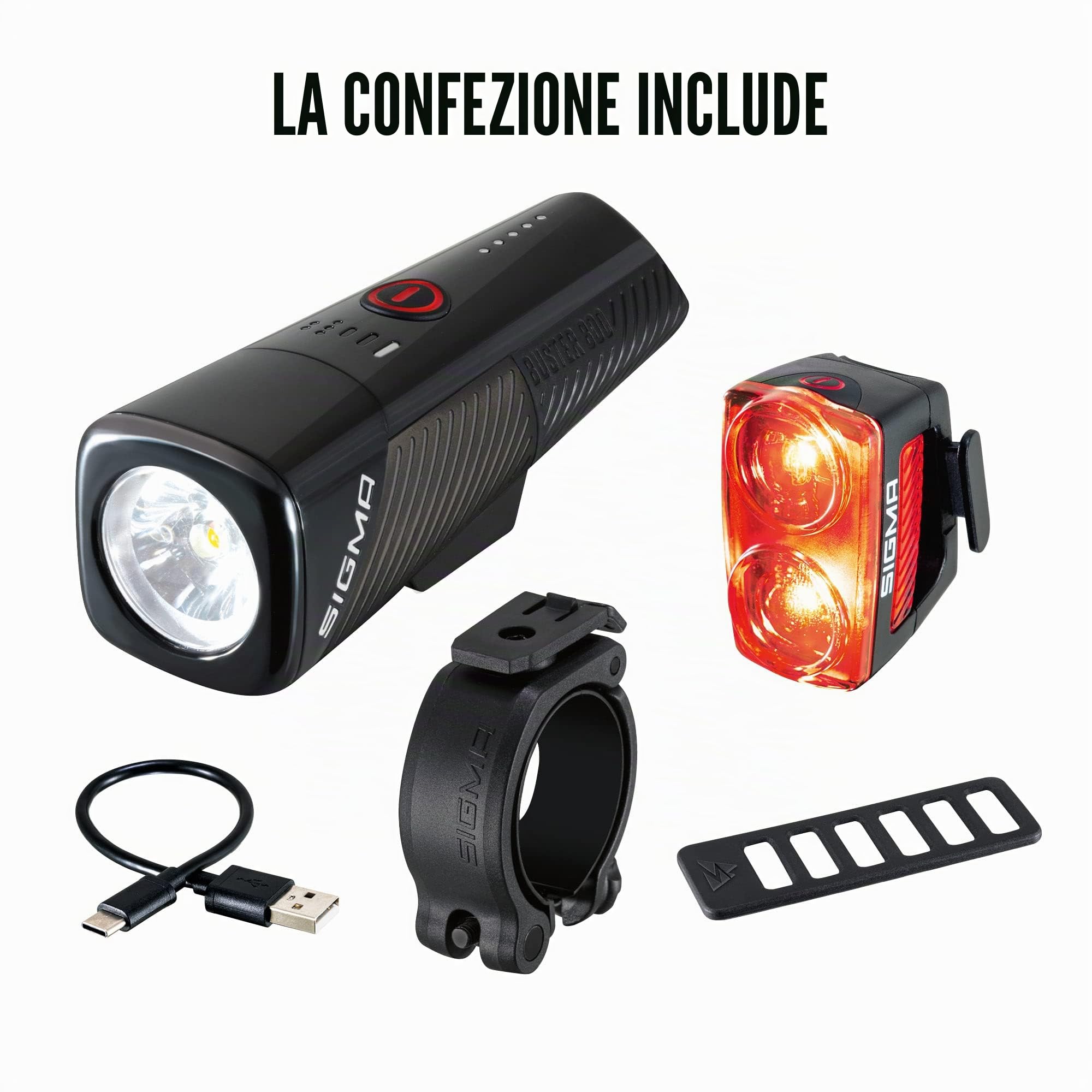 SIGMA BUSTER 800 FL& RL150 | Set di luci per bicicletta ricaricabili via USB | Luce anteriore con 800 lumen e 5 modalità di illuminazione | Luce posteriore con funzione di luce di stop
