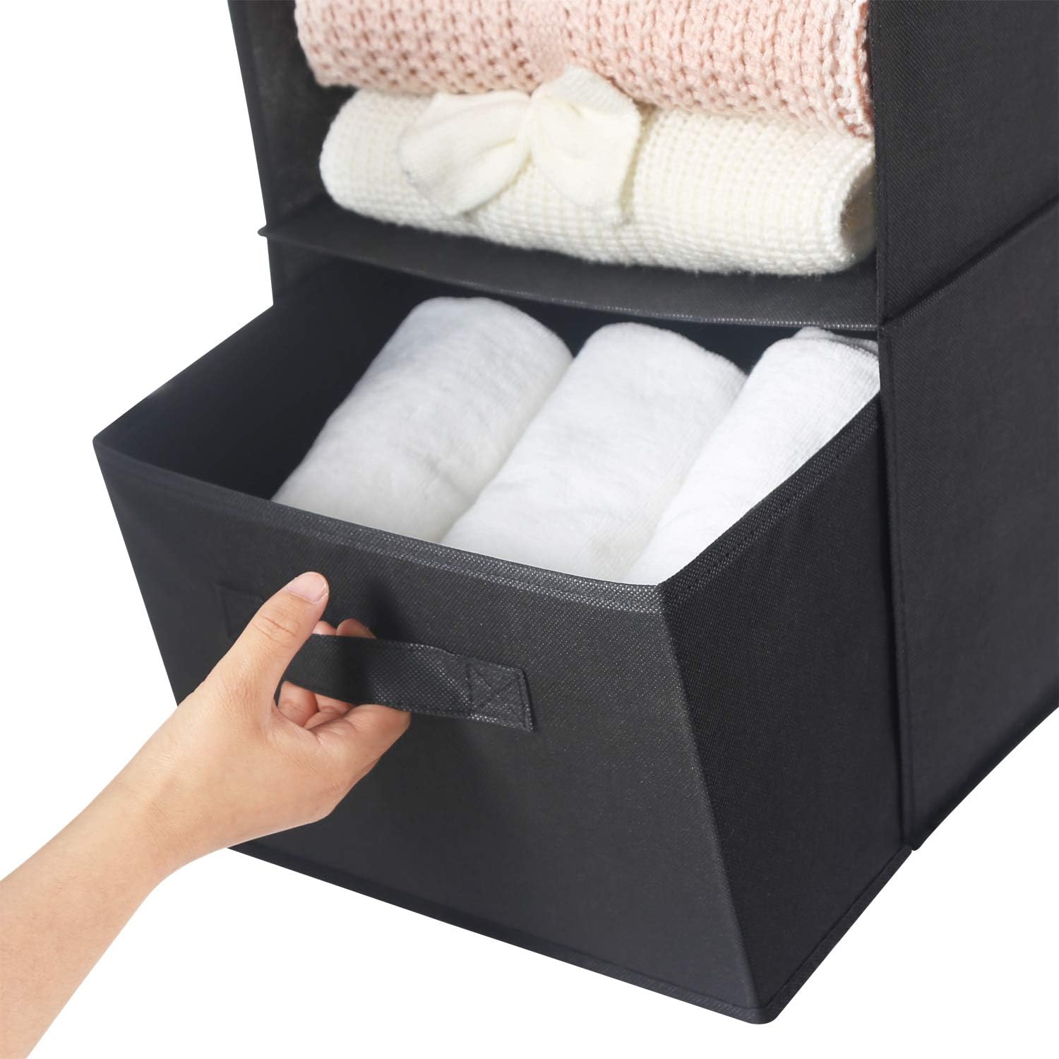 MAX Houser 4-Shelf Hanging Closet Organizer, Space Saver, Cloth Hanging Shelves with 2 Side Pockets, Foldable (Black and Beige)