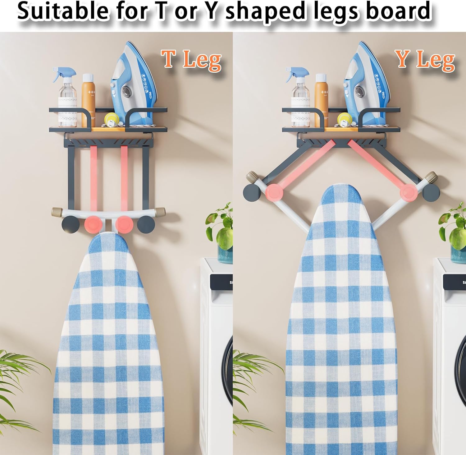 REFGY Ironing Board Hanger Wall Mount with Natural Wood-Texture Shelf, Adjustable Iron Board Holder for T & Y Leg Boards, Heavy Duty Laundry Room Organization and Storage Rack, Black