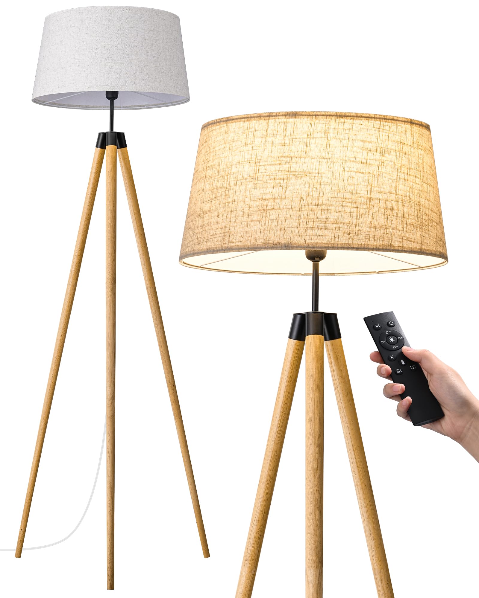 EDISHINE Lampadaire Trépied en Bois, Luminosité & Température de Couleur Variables en Continu, Contrôle par Télécommande ou Pédale, Abat-jour en Lin, Luminaires intérieur pour Salon, Chambre