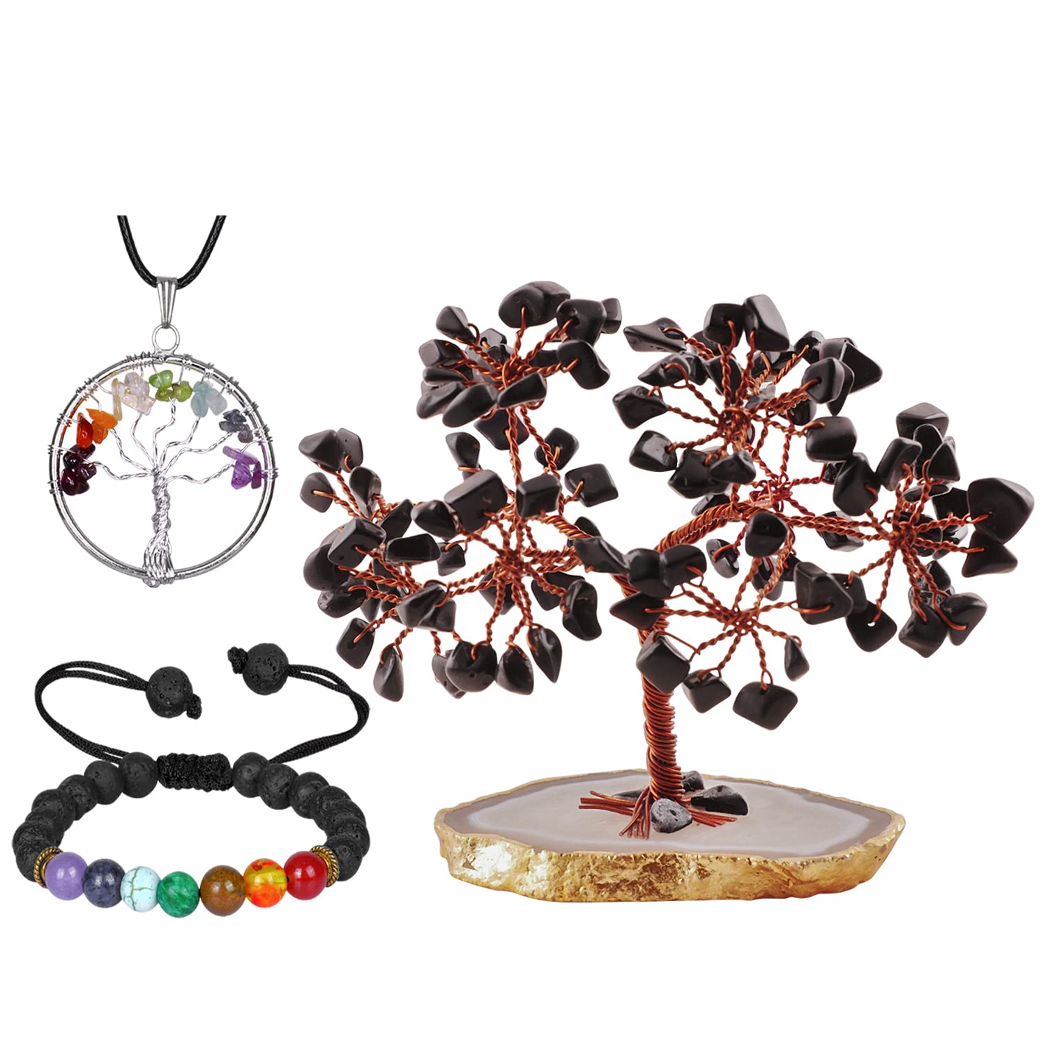 Black Tourmaline Crystal - Artificial Money Tree - Artificial Plants - Wire Tree Sculpture - Desk Decorations for Women Office - Feng Shui Crystal - Good Luck Gems