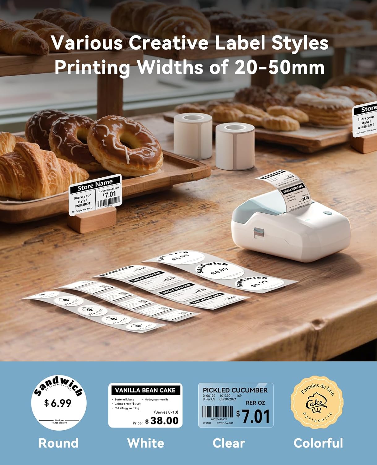 NIIMBOT 2Inch Label Maker Machine with 3 Tape, B1 Portable Sticker Printer for Small Businesses, Clothing, Logo, Jar, Address, Compatible with Phones & PC, Blue White