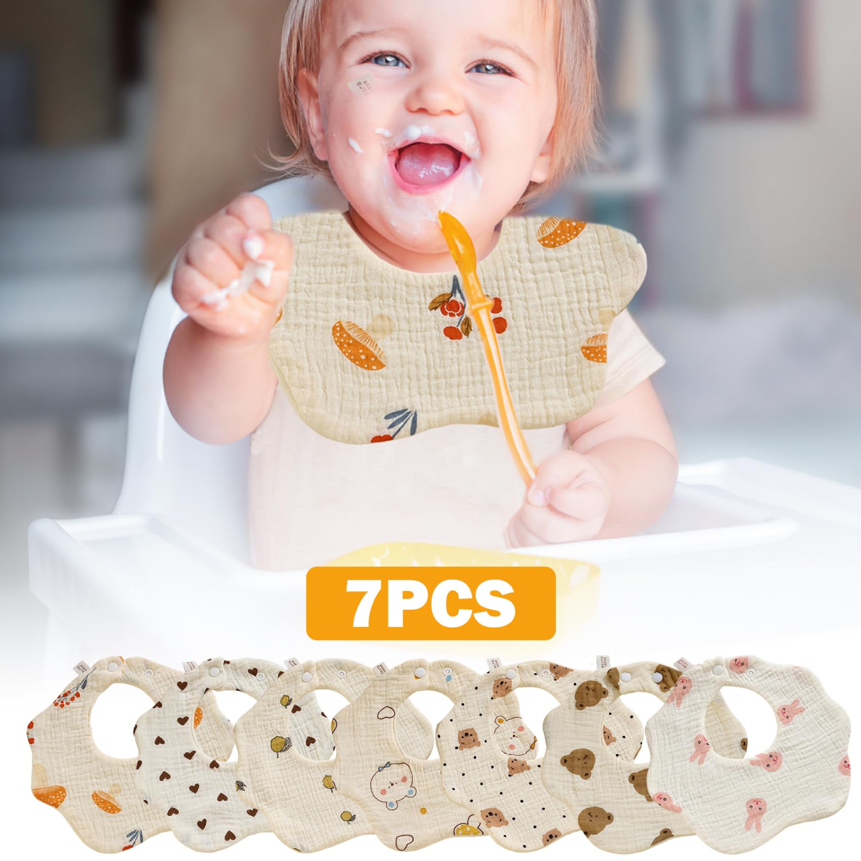 Baby Bibs Absorbants Rapide Dry Mignon 7pcs pour baver et dentition avec clichés réglables Unisexe