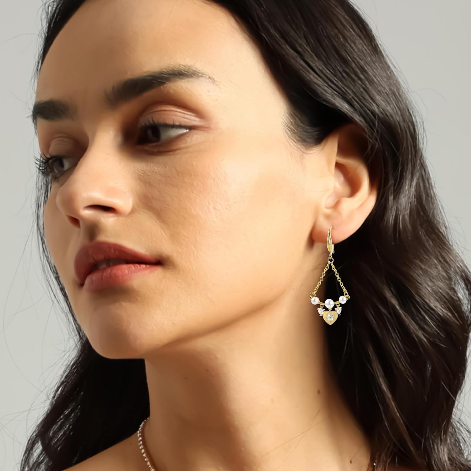 Gold Heart Pearl Triangle Chain Earrings for Women 14K Gold Plated Dangle Pearl Cubic Zirconia Heart Earrings Drop CZ Heart Pearl Bar Chain Earrings Trendy Party Summer Beach Jewelry Gifts for Her - Image 4