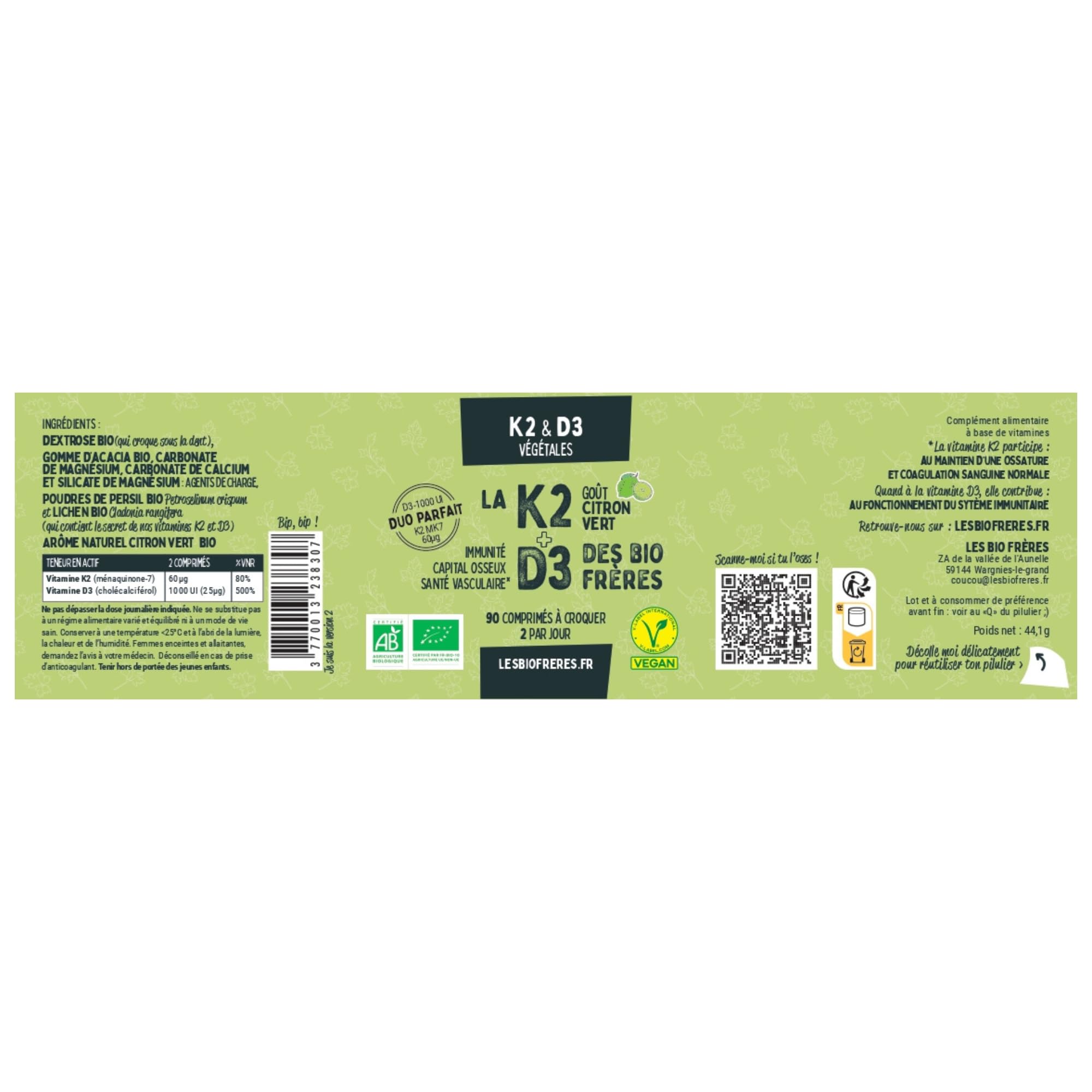 La K2-90 Comprimés à Croquer Citron Vert - Os, Dents & Immunité - Calcium - 45 Jours
