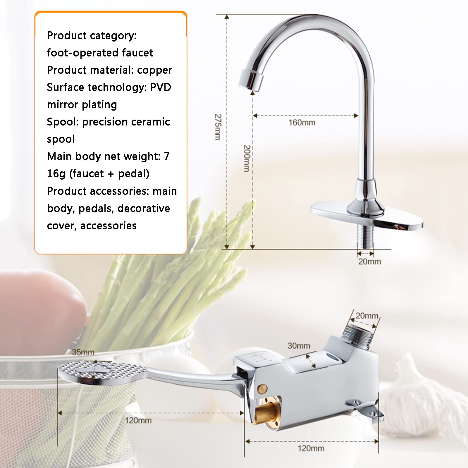 Grifo De Pedal Manos Libres, Grifo De Agua Fría De Cobre Tipo Pedal G1/2In, con Válvula De Pie/Salida/Manguera Flexible De 1,5 M/Tornillo, para Hospitales Domésticos, Fábricas