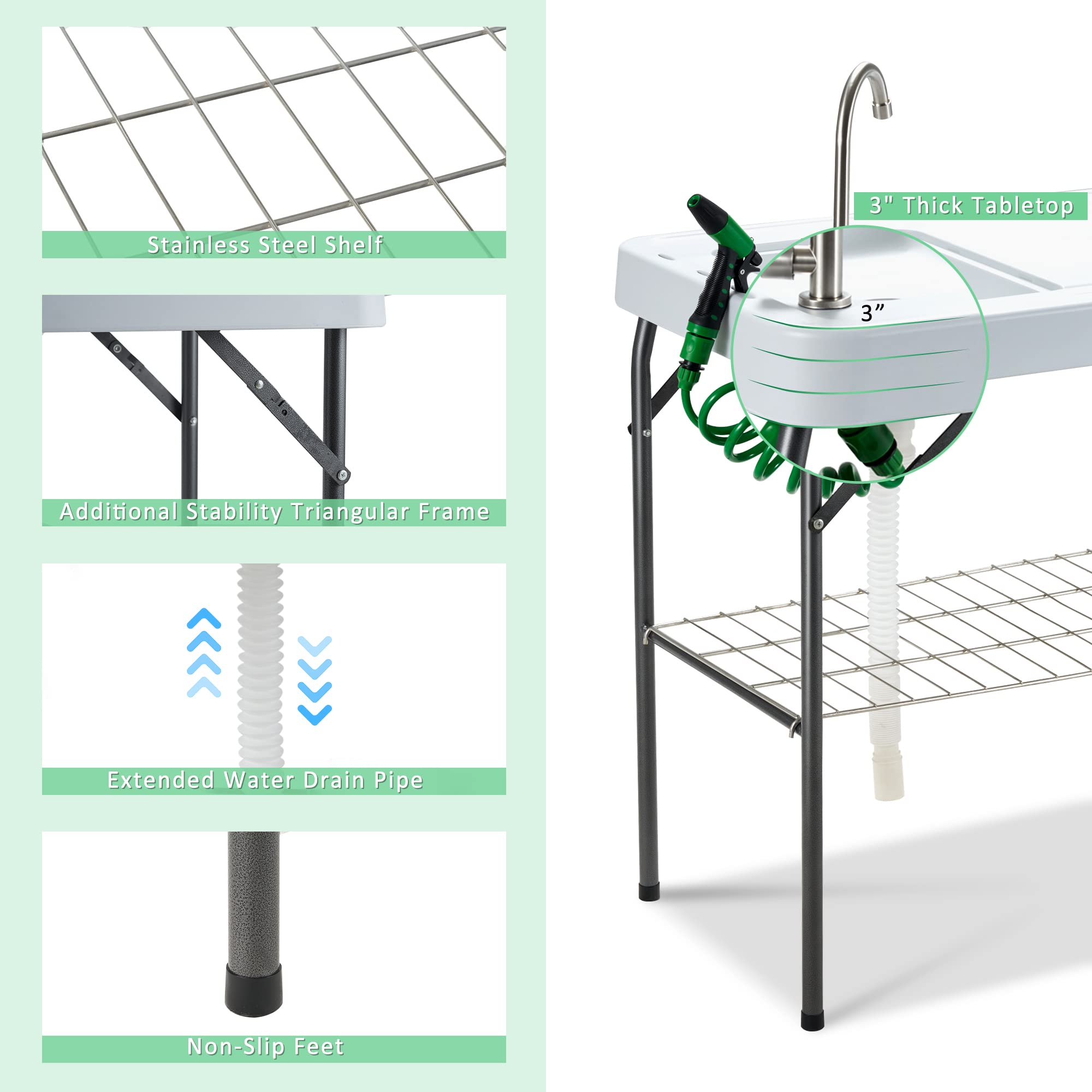Dragosum Outdoor Sink Fish Cleaning Table Portable Camping Table with Faucet Hose Hook Up Grid Rack, Fish Fillet Camping Sink Table with 7pc Fish Cleaning Kit for Picnic Beach Patio