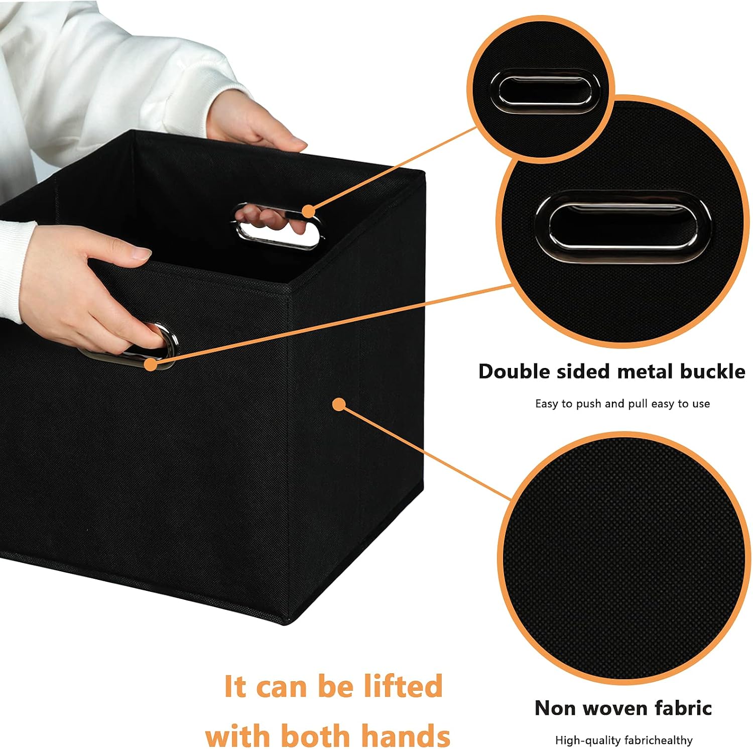 Yunkeeeper storage bins Cubes, Fabric Cube Organizer with Handle, Foldable Cube Bins for Cloth or Accessary Storage, 11x11x11, Set of 6, (black) image 4