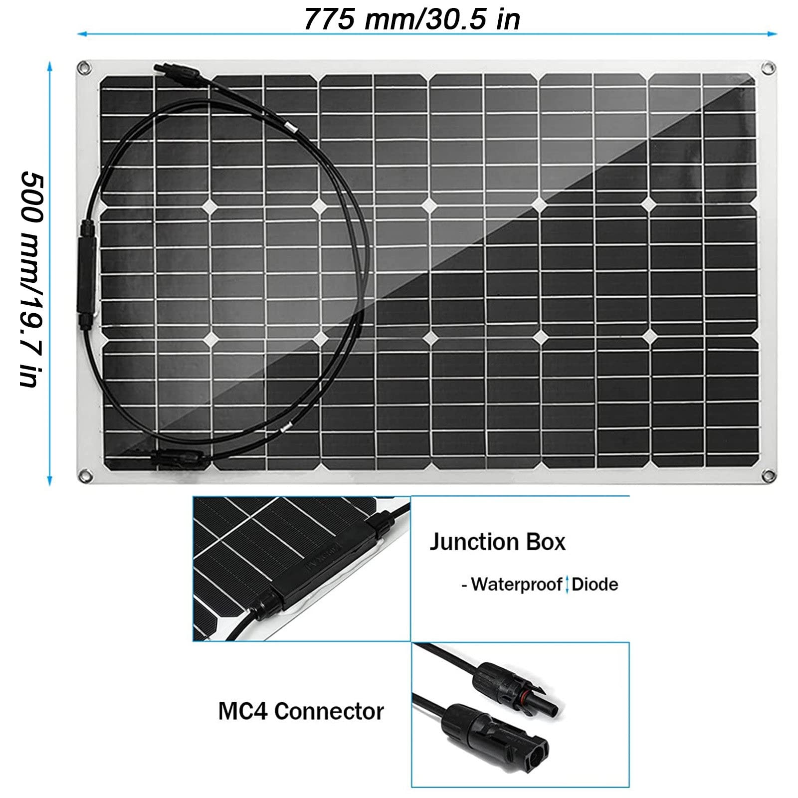 Pannelli Solari Impermeabili 300W 18V Fuori Griglia, Pannelli Fotovoltaici Monocristallini Flessibili con Controller 40A, per Barche da Campeggio da Autocaravan,One-40A