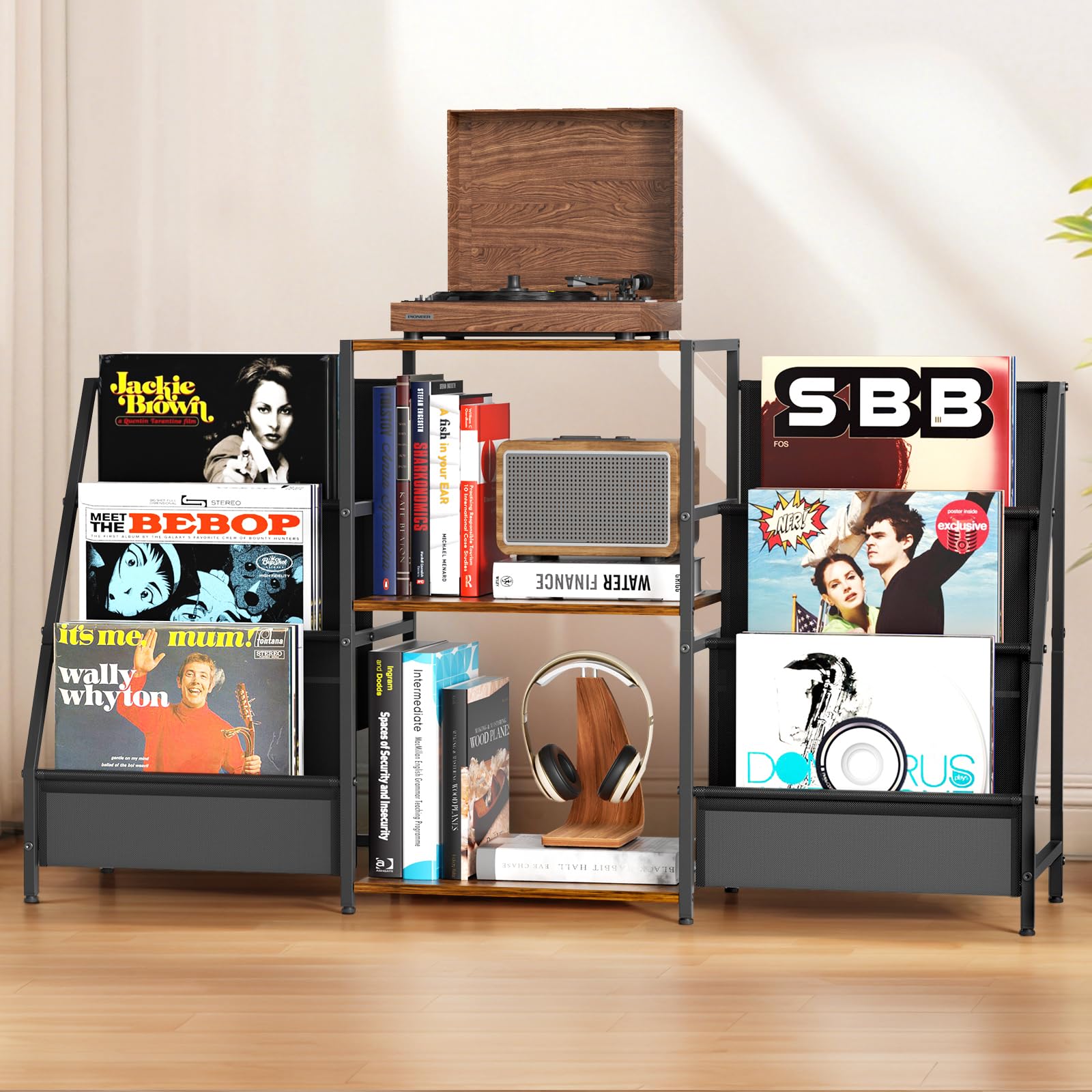 Support pour tourne-disques, table d'appoint à 3 niveaux, rangement de disques vinyles jusqu'à 200 albums, 123 x 30 x 73 cm, support de table tournante pour l'affichage et le rangement dans