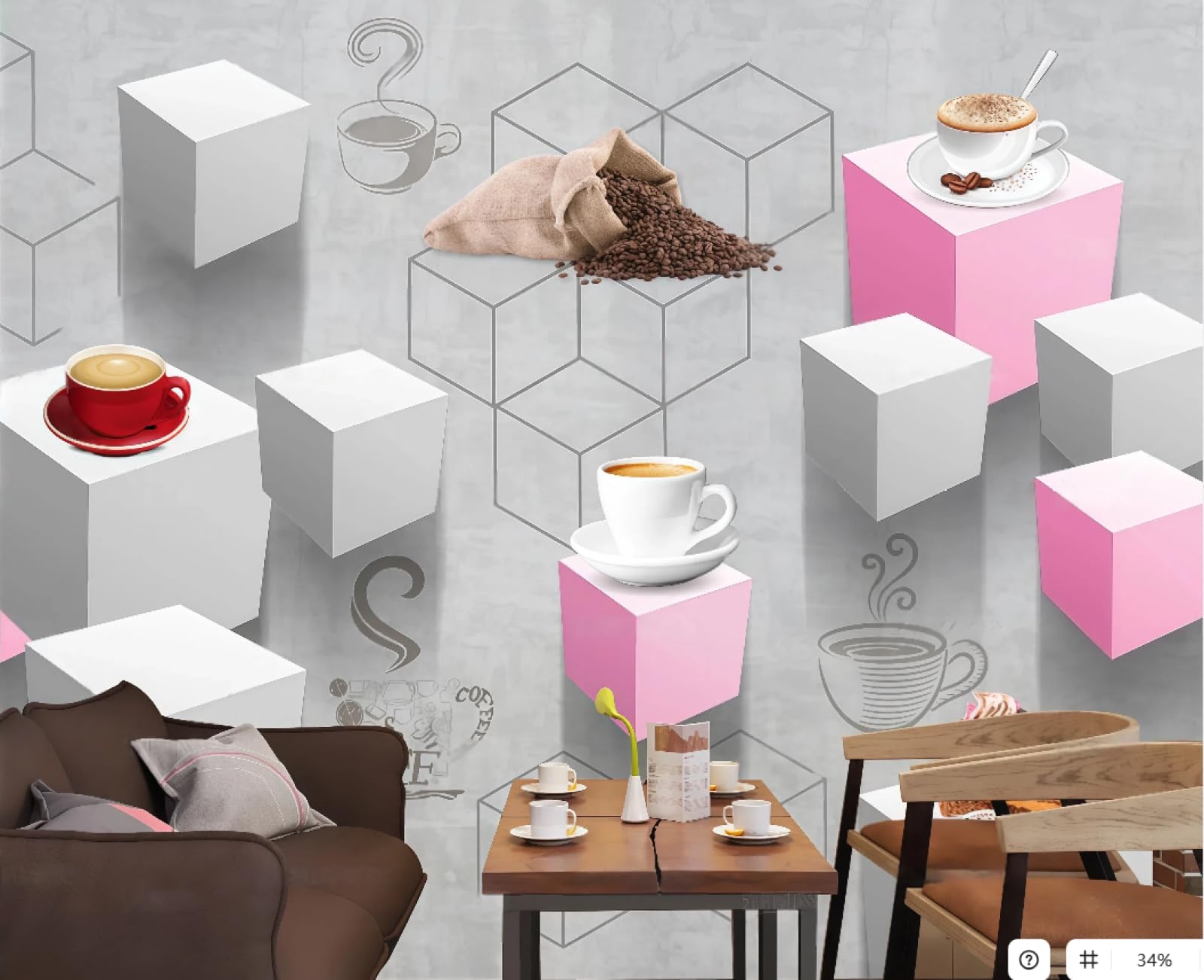 XDOUBAO Wallpaper Three-Dimensional Pink and White Cube Hand-Painted Coffee Dessert Shop Afternoon Tea Western Restaurant Background Wall Wallpaper Coffee Shop Mural,3D,150x105cm