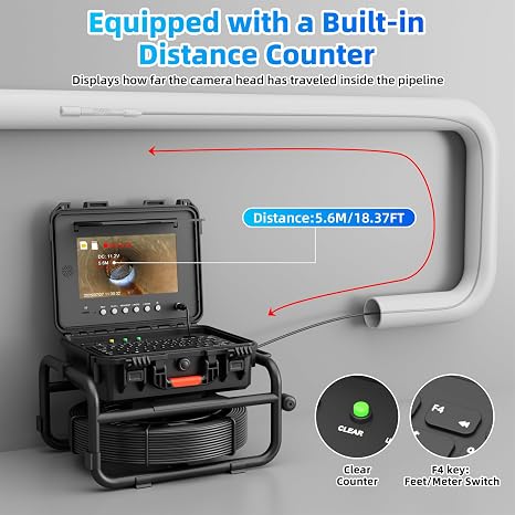 Inspection Camera with Locator,512Hz Transmitter,Distance Counter | Self-Leveling,165FT/7MM Cable,10 Screen,32GB Card,4500mAh Battery,1080P Sewer Camera with 12PCS Lights(S850DSTKM+Locator)