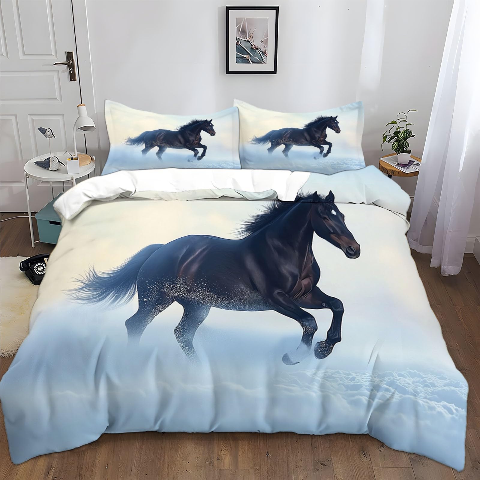 Funda Nordica Infantil para Cama 90 Caballo Oscuro En La Nieve Funda 150x200 cm y 2 Fundas de Almohada de 50x75 cm Suave Juego de Ropa de Cama 50% Poliéster y 50 Algodón