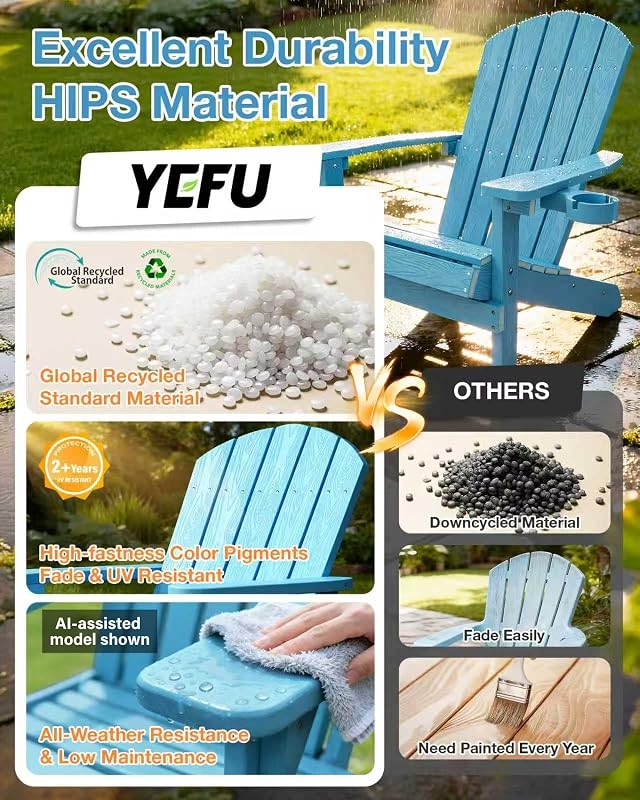 YEFU Adirondack Chair with Cup Holder, All-Weather Outdoor Chair, Blue image 4