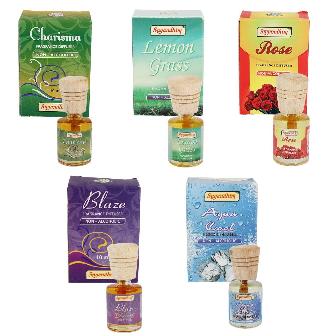 SugandhimFragrance Diffuser Charisma, Lemongrass, Rose ,Blaze & Aqua Cool, 5 x 10ml, Buy 4 Get 1 Free, For Living Room, Washroom, Bedroom, Office, Natural Fragrant Oil, Car, Home Fragrances,