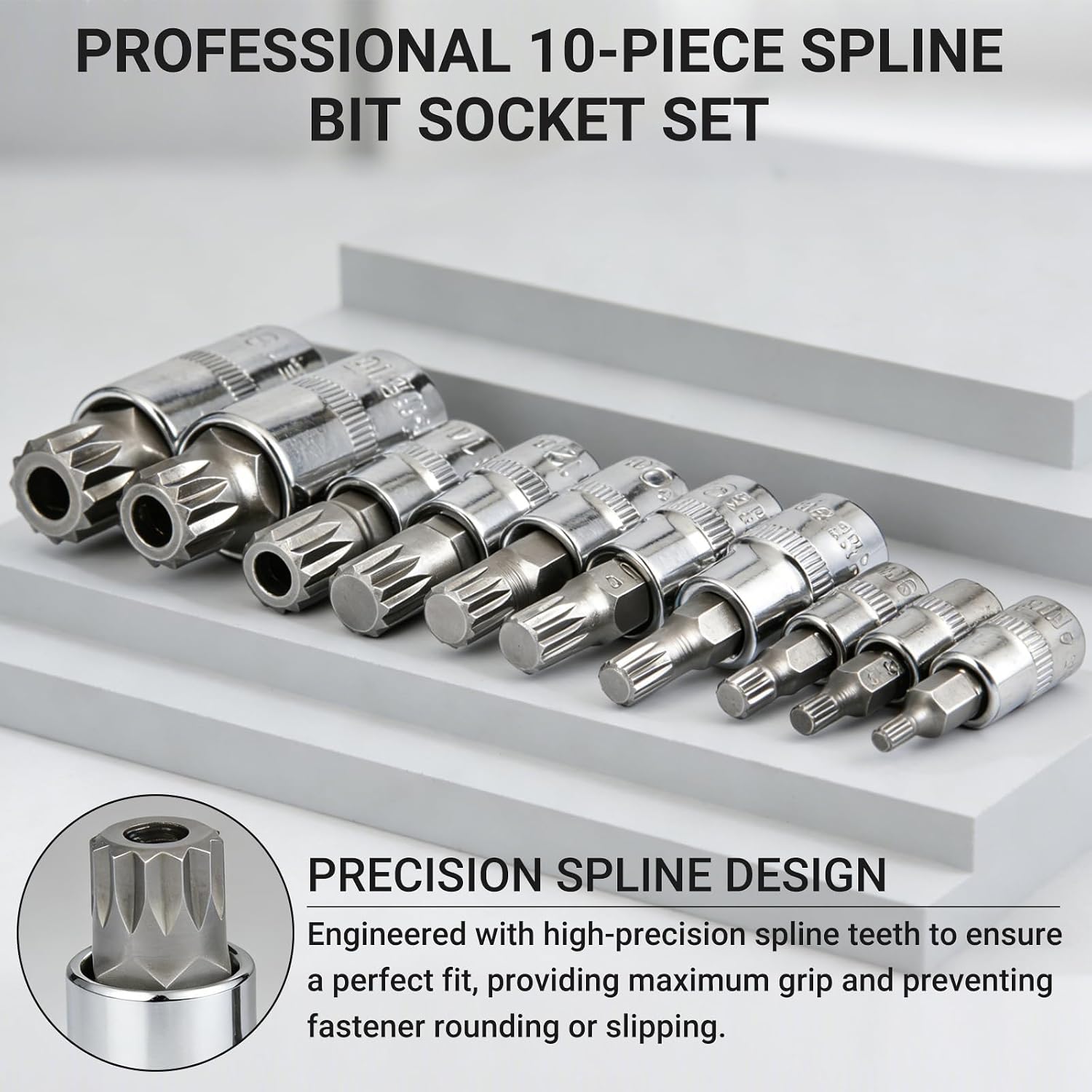 10Pcs Triple Square Spline Bit Socket Set | Premium Alloy Spline Socket Bit Set , Metric Sized S2 Steel Bits, Drive M4-M18 and Cr-V Sockets for Professionals
