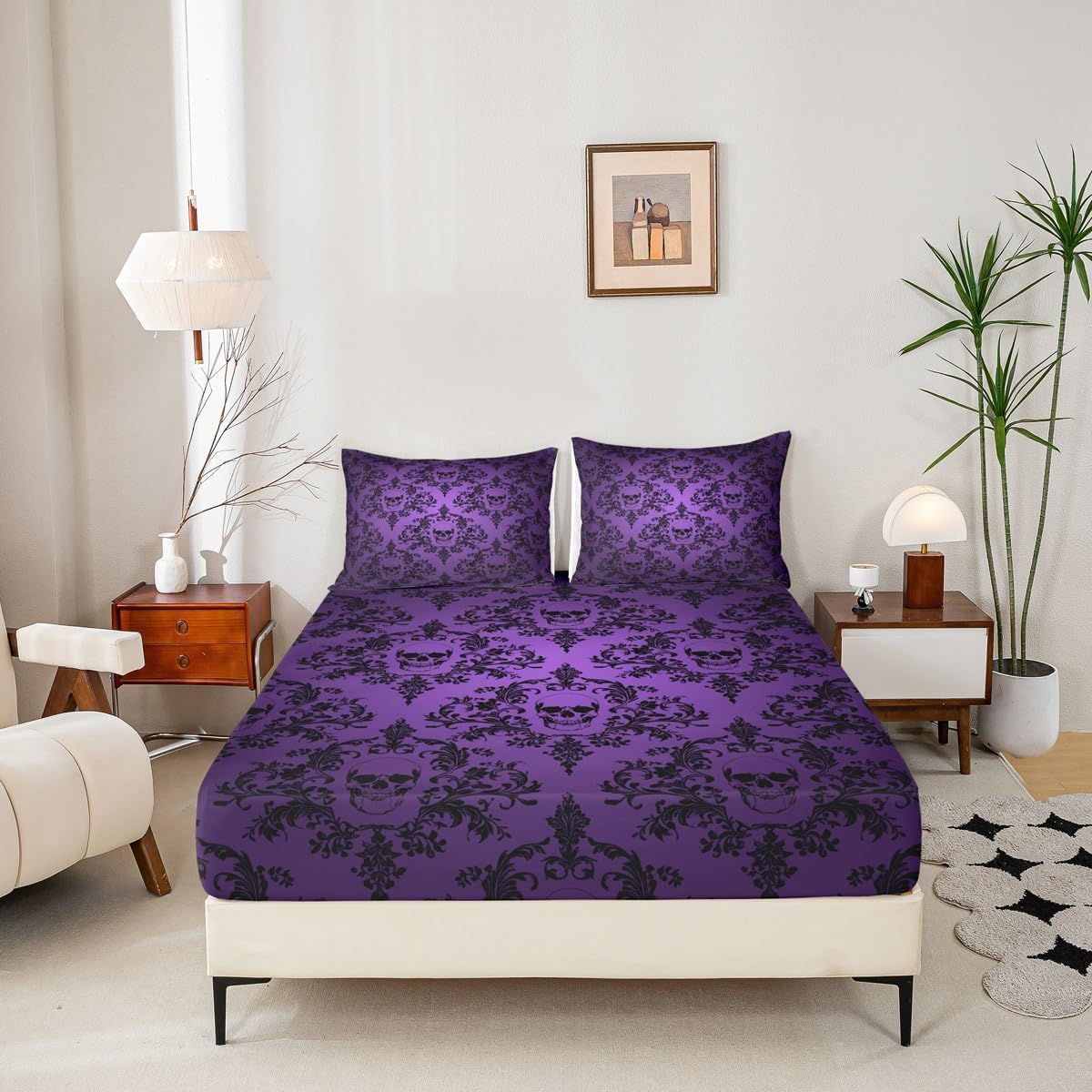 Castle Fairy Nordic Style Purple Fitted Sheet King Size with 2 Pillowcases,Skull Skeleton BOH Flowers Bed Sheet Set,Happy Halloween Theme Top Flat Sheet Luxury Microfiber Breathable
