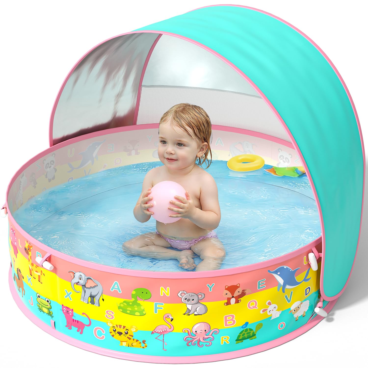 Baby Planschbecken mit Dach UV Schutz 50+ Pop-Up Strandmuschel 4 in 1 Portabler Baby Pool mit Sonnenschutz