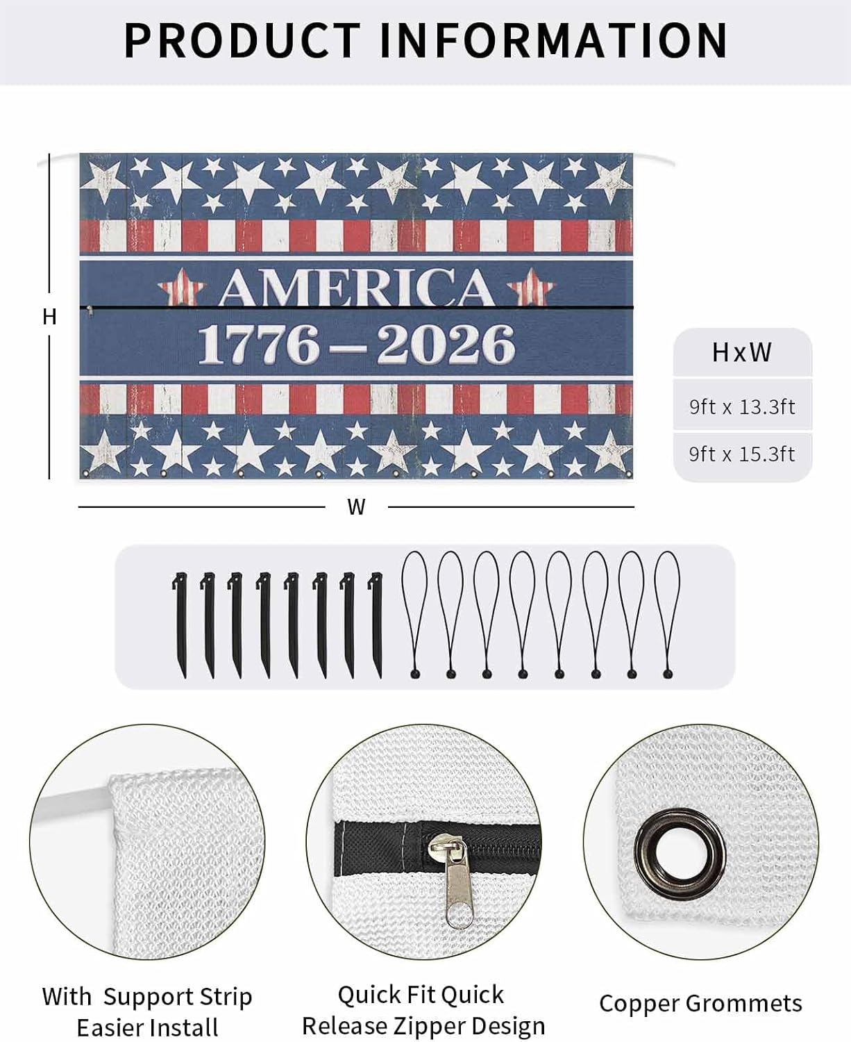 RV Awning Sun Shade Screen 9' x 13'3", 250 Year American Anniversary Flag Mesh RV Awning Shades Complete Kits, Blue Red USA Sunlight Blocker Outdoor Canopy for Camping Trailer Motorhome