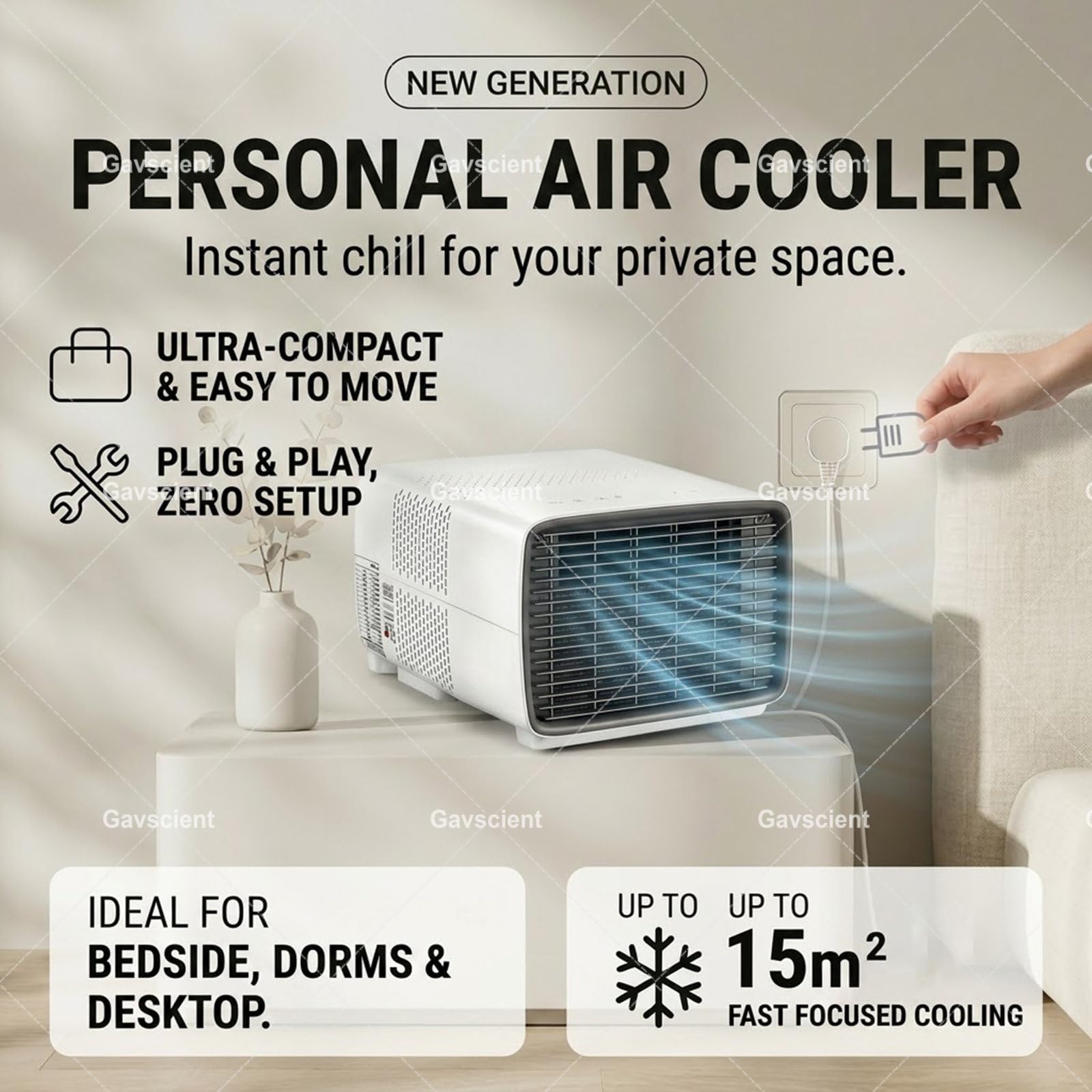 Climatizador Portátil para Autocaravanas, 2700 BTU Mini Enfriador de Aire, 280W Bajo Consumo de Energía, 3 en 1, 45dB Silencioso para Aventuras