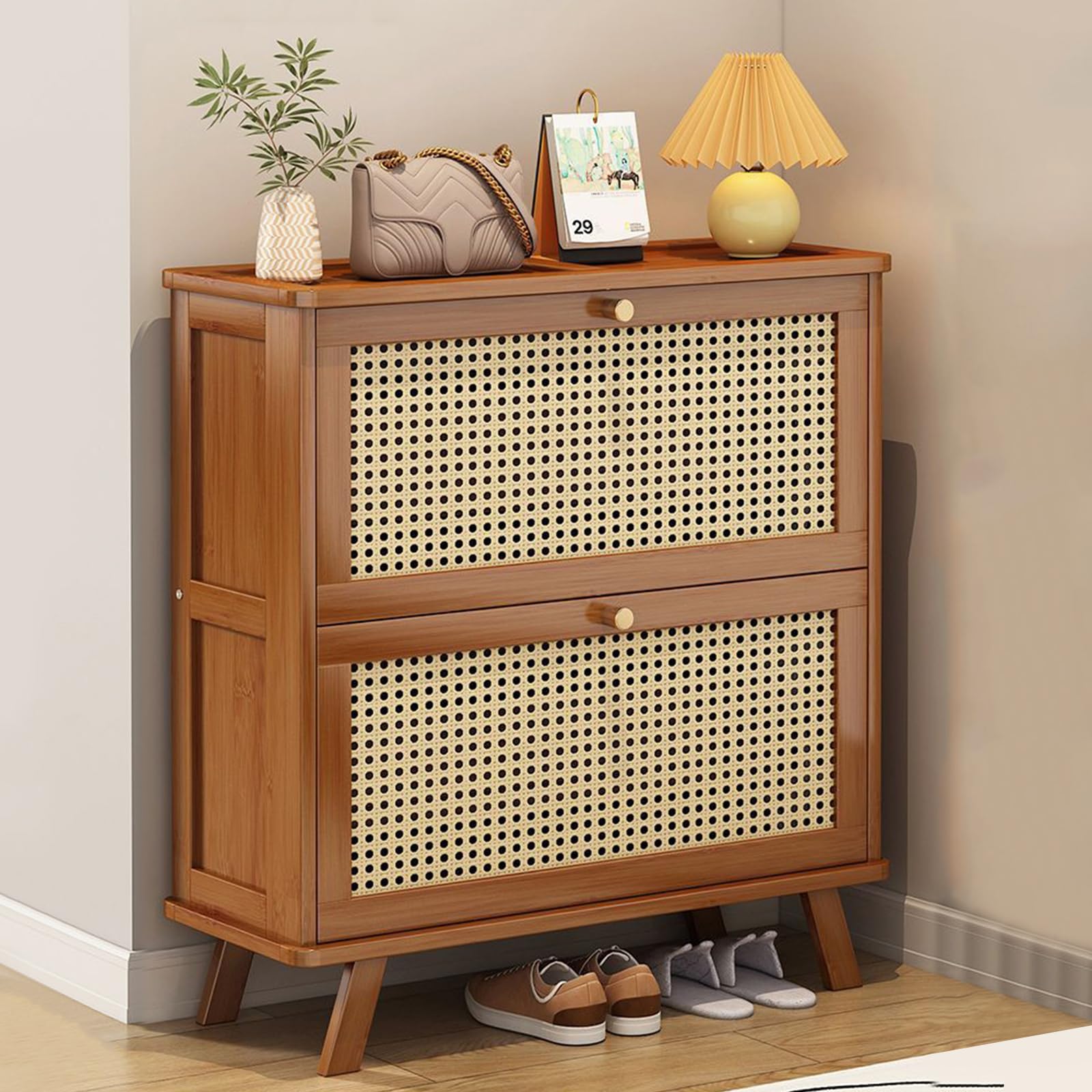 LOERSS Rattan Shoe Cabinet With Flip Drawers,Shoe Cabinet,Modern Slim Hidden Shoe Organizer,Entryway Narrow Shoe Storage,2-Tier Shoe Storage Cabinet With Flip Doors,for Narrow Closet,Entryway(Brown)