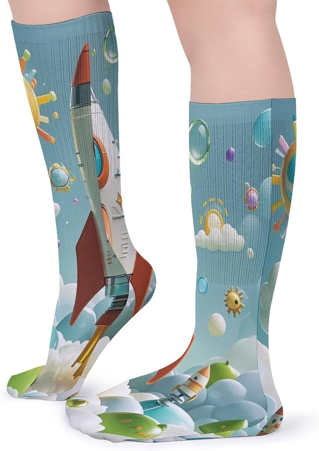 Cartoon Rockets Crew Socks Cozy Casual Calf Socks Lightweight Long Work Sock Breathable Athletic Sock for Hiking Sports Running 5 Pairs