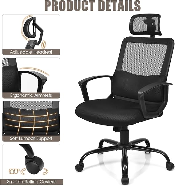 MEDIMALL Mesh Office Chair, Ergonomic High Back Computer Desk Chair with Adjustable Headrest & Lumbar Support, Rolling Task Chair with Rocking Function for Home Office