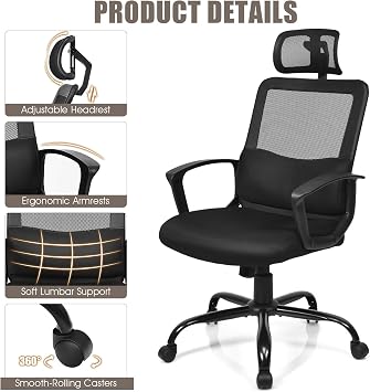MEDIMALL Mesh Office Chair, Ergonomic High Back Computer Desk Chair with Adjustable Headrest & Lumbar Support, Rolling Task Chair with Rocking Function for Home Office