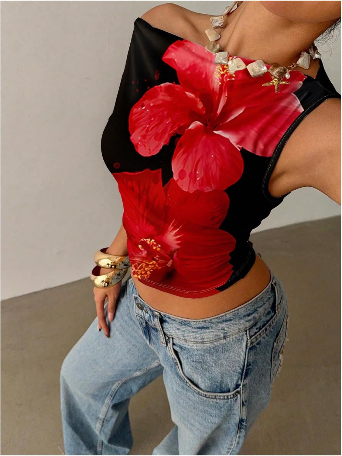 Women's Y2K Floral Hibiscus Off The Shoulder Tops Sleeveless Fitted Going Out Crop Tank Top - Image 2