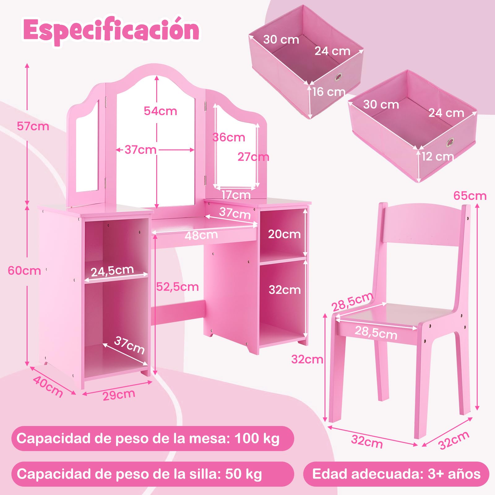 COSTWAY Tocador de Maquillaje Niña con Silla, 2 en 1 Mesa de Maquillaje con Espejo Plegable y Removible, 4 Contenedores de Almacenamiento, Mesa Tocador Infantil de Madera (Rosa, con cajones)