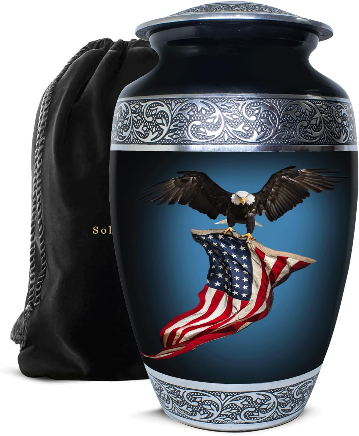 Urn for Ashes Adult Male - Patriotic Cremation Urns for Human Ashes Adult Man with Eagle & American Flag Designs - Elegant Memorial Urns for Veterans, Dad, or Husband (Denim Blue, Large)