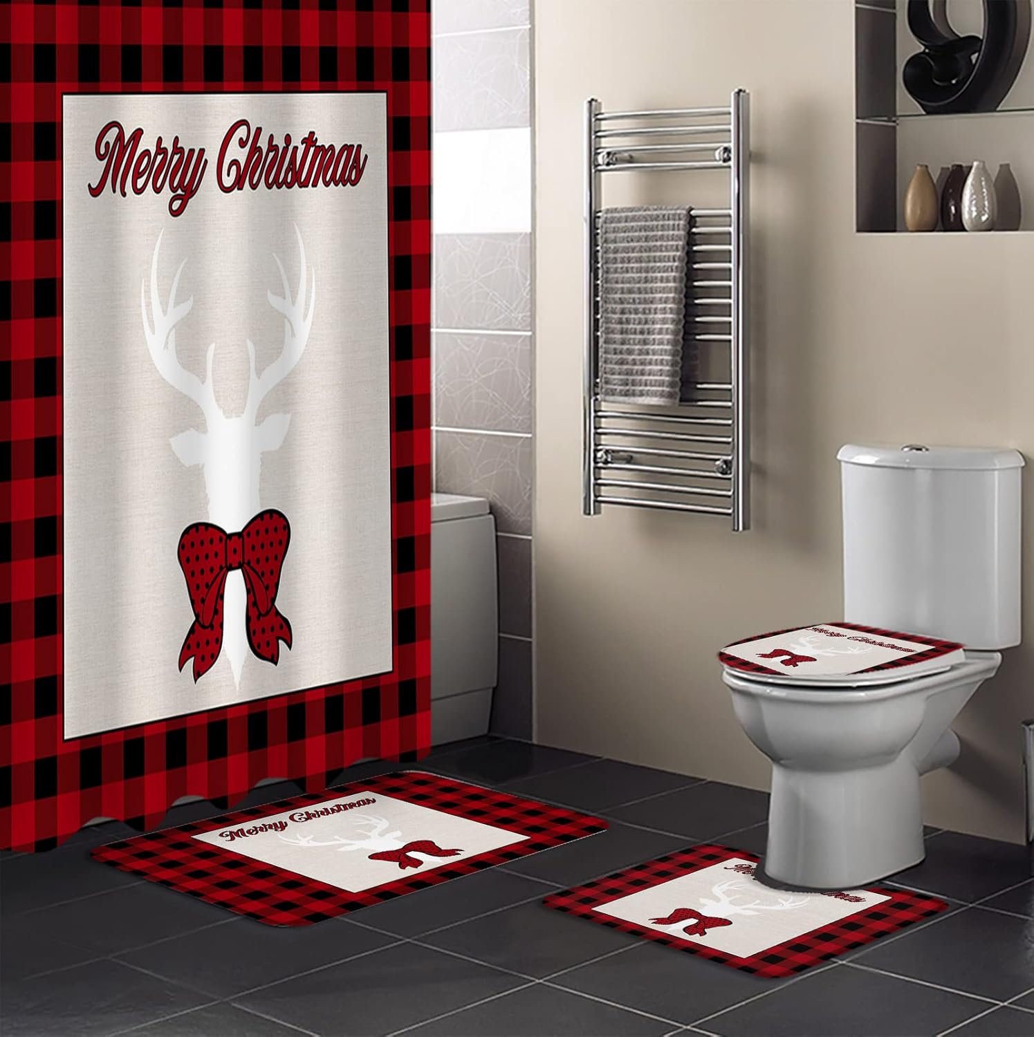 Prime Leader 4 Pcs Shower Curtain Sets with NonSlip Rugs, Toilet Lid Cover, Bath