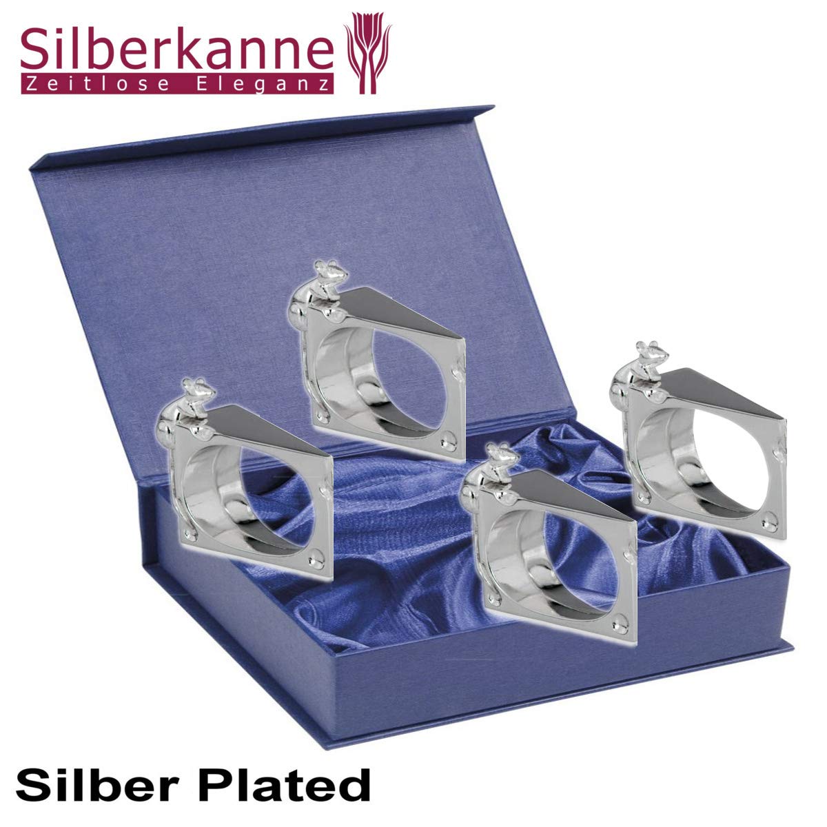 Serviettenring Maus und Käse 5,5x3,5x2,0 cm 4er Set Premium Silber Plated edel versilbert in Top Verarbeitung. Fertig zum verschenken mit schicker Geschenkverpackung