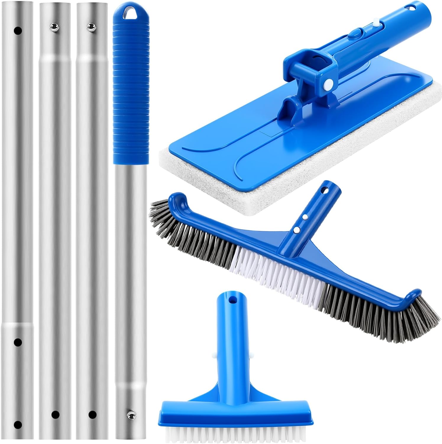 Tioncy 3 Pcs Pool Brushes Kit with 47" Pole Adjustable, 10" Pool Brush Head, Hand Scrub Brush & Scouring Sponge Pads with Aluminum Pole for Spa Hot Tub Bathroom Kitchen Home Tiles Walls Floors