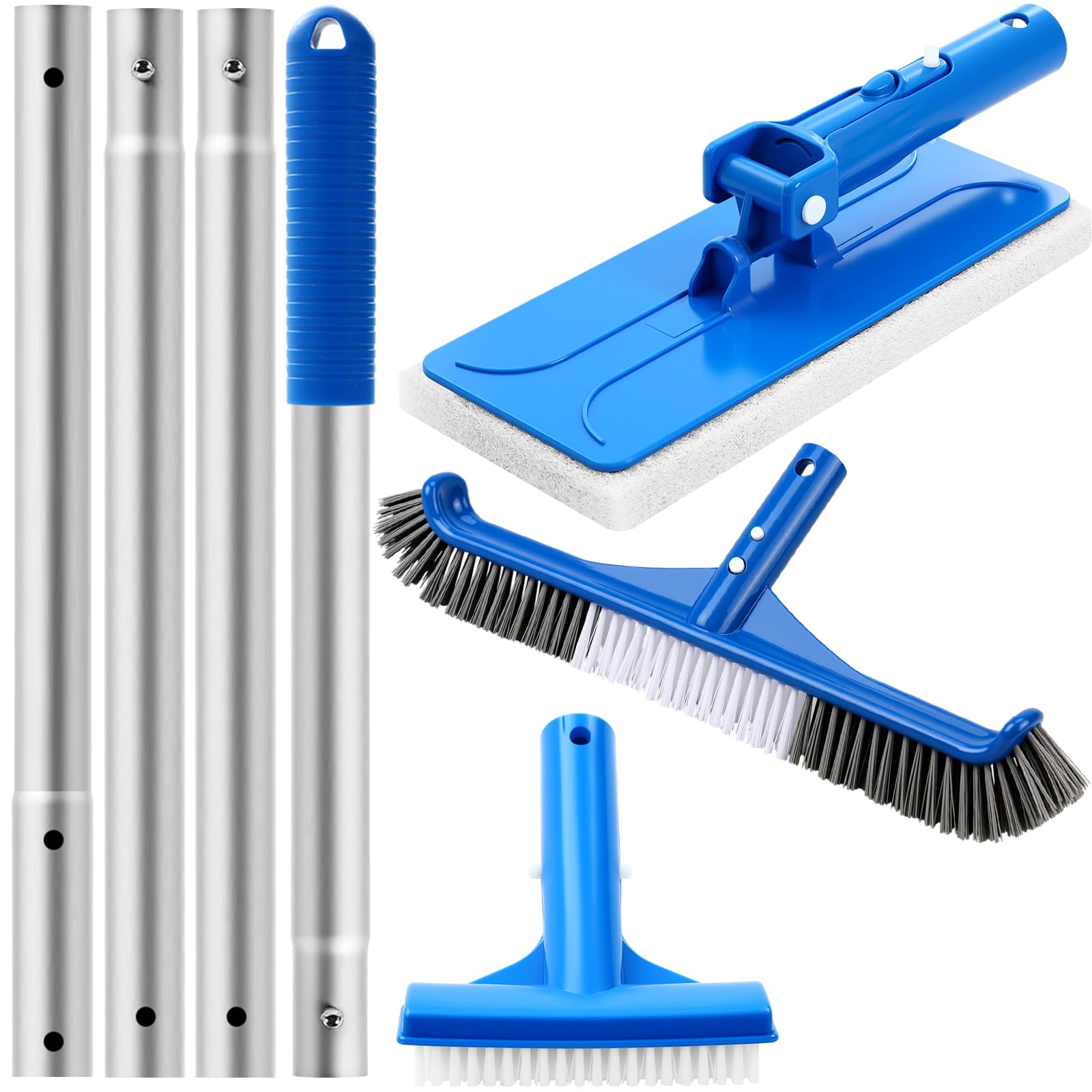 Tioncy 4-teiliges Poolbürsten-Set mit 119,4 cm langer Stange, verstellbarer 44,5 cm Pool-Bürstenkopf, Handscheuerbürste und Scheuerschwamm-Pads mit Aluminiumstange für Spa, Whirlpool, Badezimmer