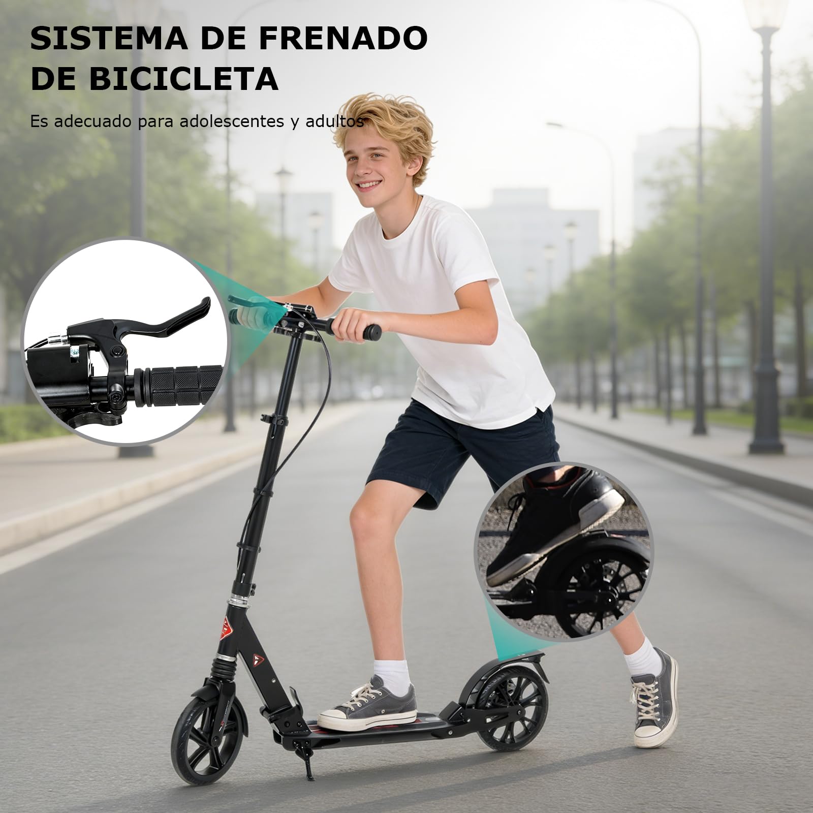 ISE Patinete Scooter Plegable Adulto Niño Manillar Ajustable 93-107cm Ruedas 200mm Freno de Mano Máx 100kg