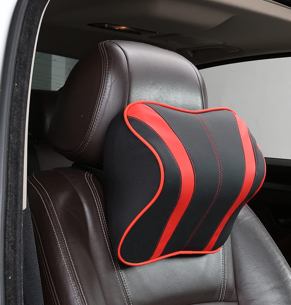 ROER Seatbelt Pillow and Car Headrest Pillows with Ergonomic Design,Car Seat Neck Pillow with Leather Memory Foam,Car Neck Pillow for Relieving Neck Fatigue and Support Cervical– Red&Black