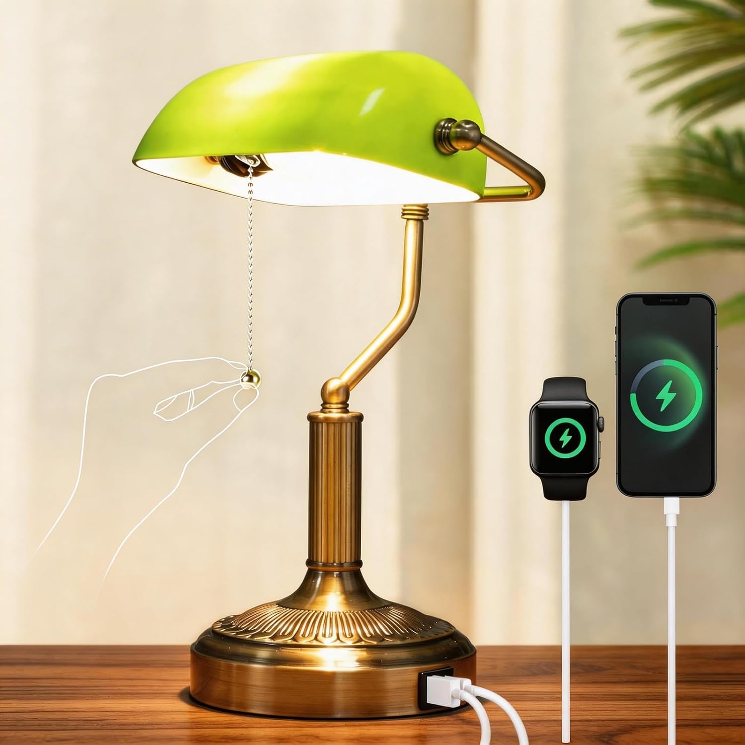 Vintage Bankers Lamp, Green Glass with Antique Brass Finish, USB & Type-C Charging Ports, Pull Chain Desk Lamp for Home Office, Piano, Library (Green)