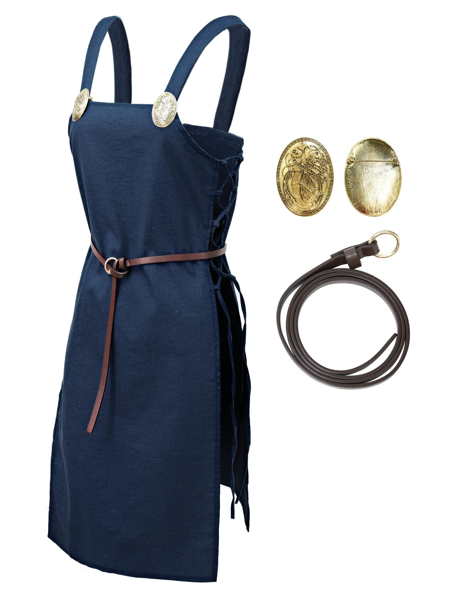 PROCOS Medieval Pirate Strappy Apron Women Vintage Linen Overdress Cross Back Apron Costume with Brooches and Belt