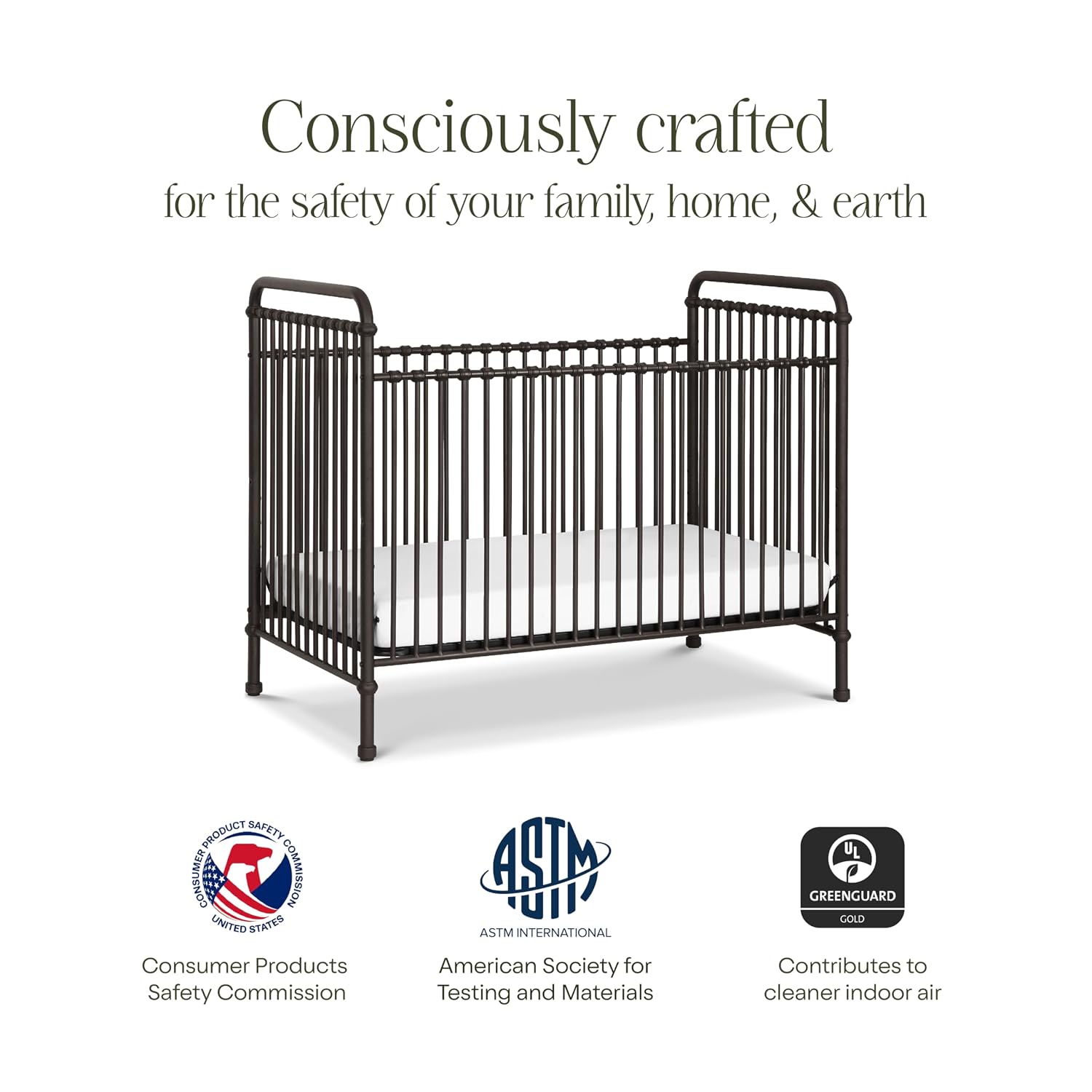 Namesake Abigail 3-in-1 Convertible Metal Crib in Vintage Iron, Greenguard Gold Certified