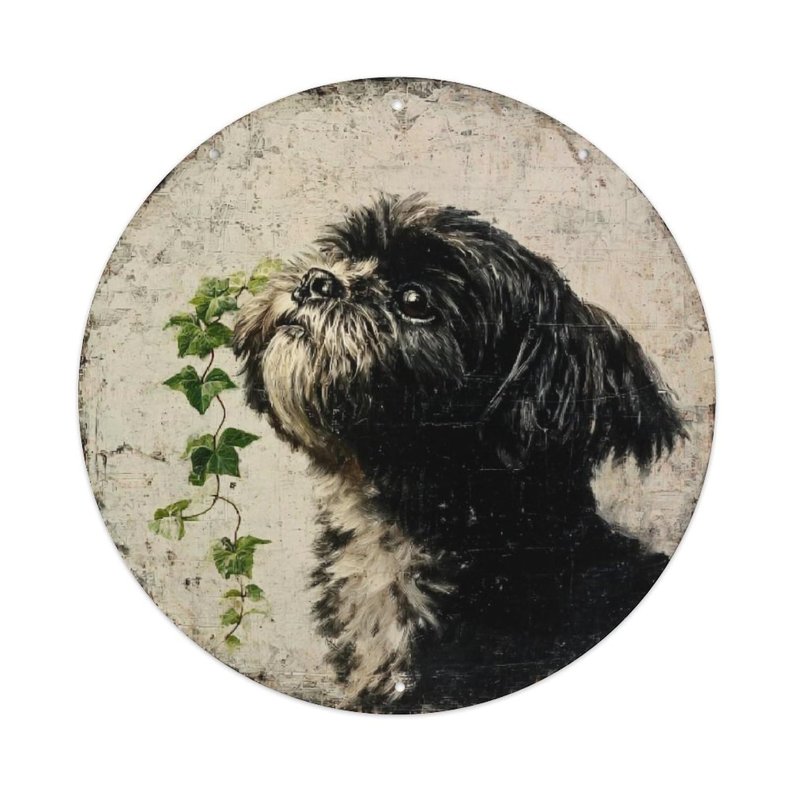 Dog Portrait With Ivy Vine Retro Metal Sign Round Tin Sign, Vintage Decor Art Poster for Bar, Home, Man Cave, Kitchen, Laundry Room Gift 8x8Inch