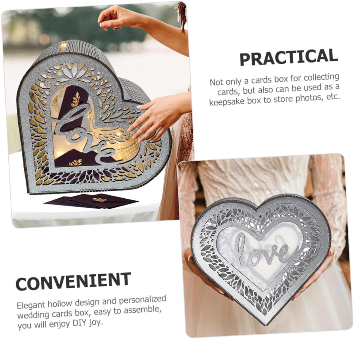 Milisten Wooden Hollow Heart-shaped Card Box with Glitter, Wedding Reception Envelope Holder, Portable Greeting Card Container for Birthday and Valentine’s Day Decorations