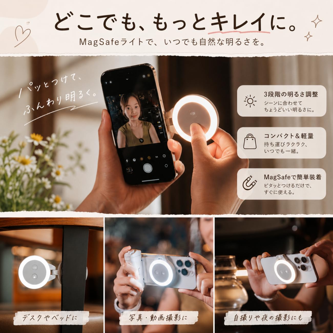 Amazon | PGYTECH MagGlow スマホライト 撮影用 3段階明るさ調整 3色