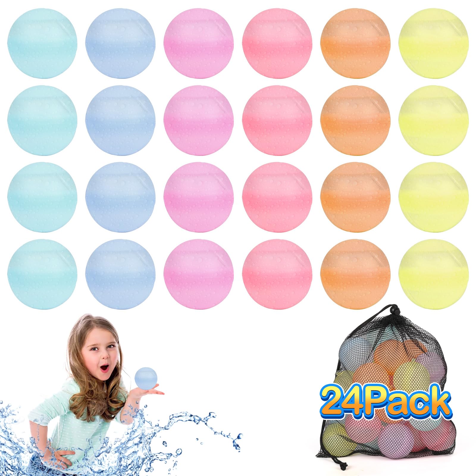 Globos de Agua Reutilizables,WolinTek 24 Piezas Bolas de Agua Llenado Rápido para Niños y Adultos,Juguetes de Verano Aptos,bolas de agua reutilizables para verano (24)