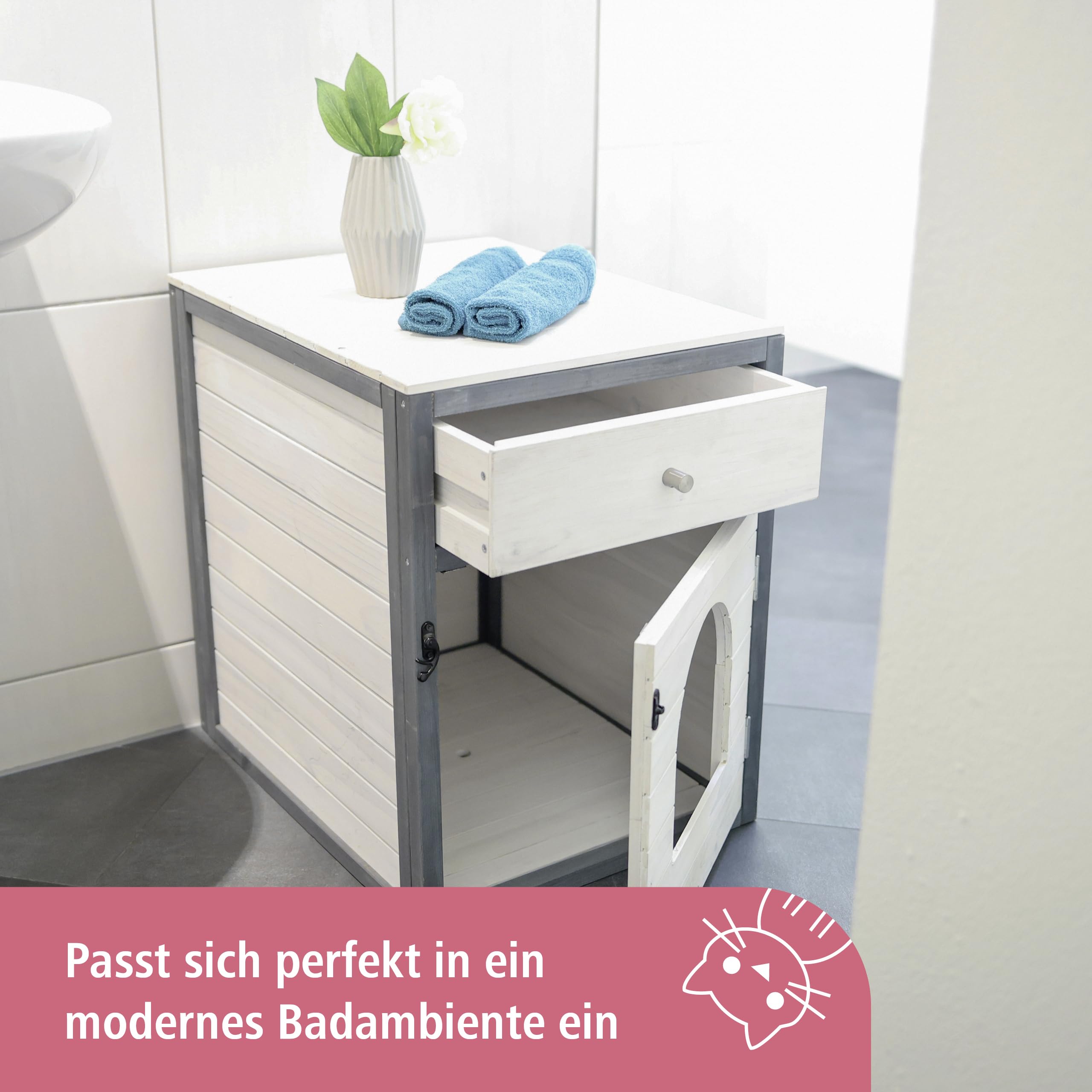 Kerbl Pet Katzenschrank Ida, Katzenhaus, weiß, grau, 58x45x60cm, Holz, Katzen, mit Schublade, Liegekissen integrierbar | Weiß/Grau, 58 × 45 × 60 cm, Katzenhaus aus Holz mit Schublade und Platz für ein Liegekissen
