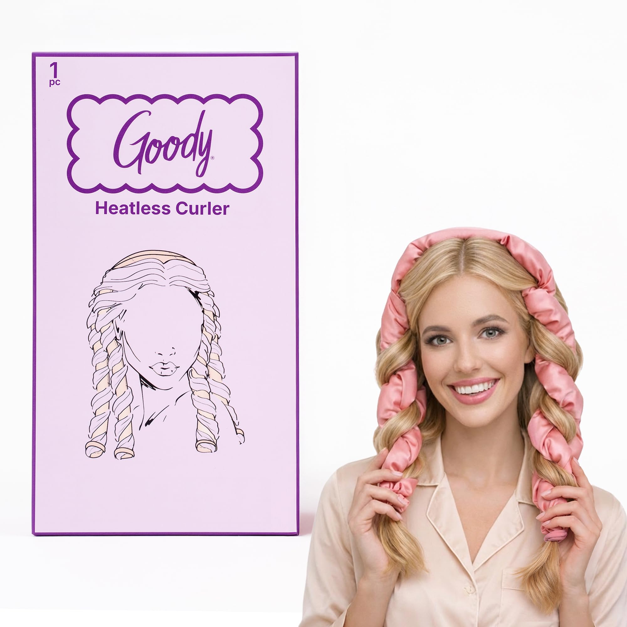 Goody Satin Heatless Hair Curler with 4 Rods, Comfortable Rounded Comb No-Clip Design & Secure Elastics, Damage & Frizz-Free Heatless Curls Overnight for All Hair Types, Gifts for Women & Girls, Pink