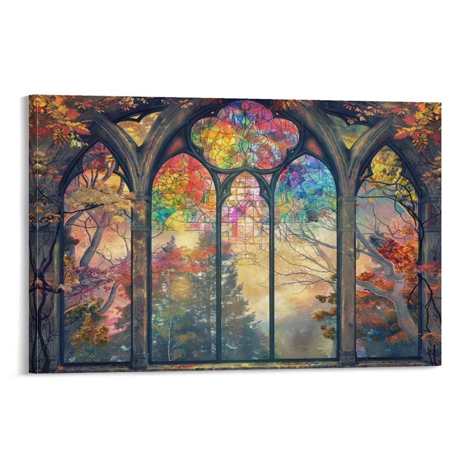 CPLVKWRQJ Stained Glass Window 1 Piece Gothic Window Autumn Forest Stained Glass View Canvas Wall Decor - Bedroom Canvas Painting Easy to Clean Space Transformer Art 20x30inch(50x75cm)