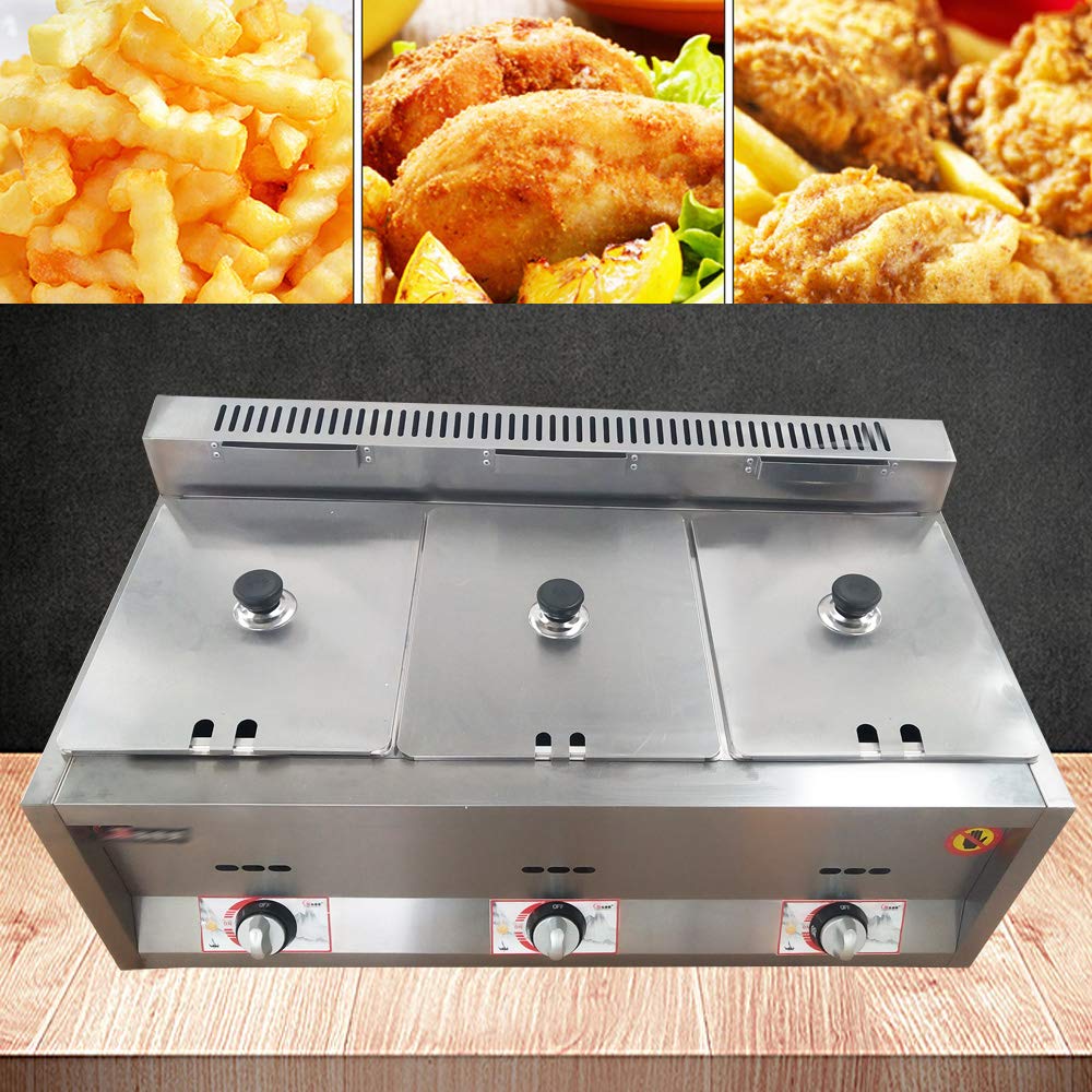 MuChaIOAK 3-Pan Gas Fryer, Deep Fryer, Catering Food Warmer - Stainless Steel Countertop Gas Fry Food Heating Pot, Adjustable Temp Steamer Cooking Pot